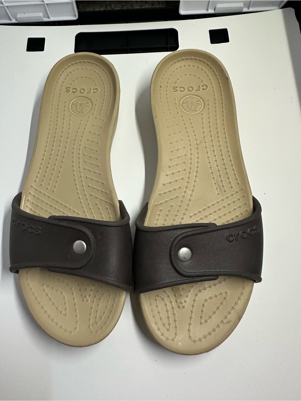 CROCS Women’s Tan Footbed with Brown Strap Slide Sandals